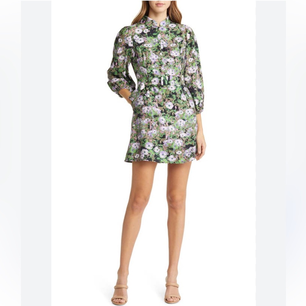 NWT Melloday Floral Puff Long Sleeve Button-up Dress In Green Multi Size Medium